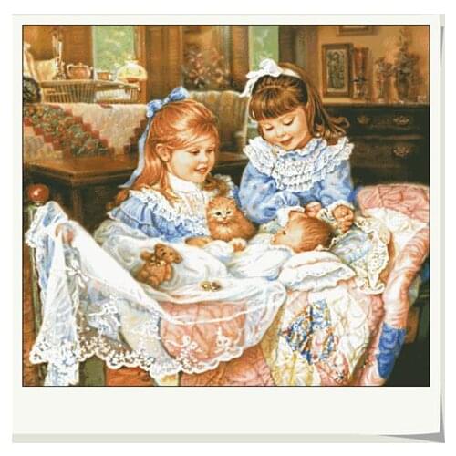 Little Sisters,girl Baby in the Cradle Cross Stitch Kit Top Quality Embroidery Needlework 14CT Unprinted DIY Handmade Art Decor
