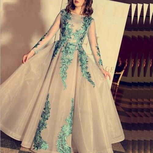 Long Sleeves Muslim Evening Dresses A-line Tulle Appliques Beaded Dubai Saudi Arabic Long Evening Gown Prom