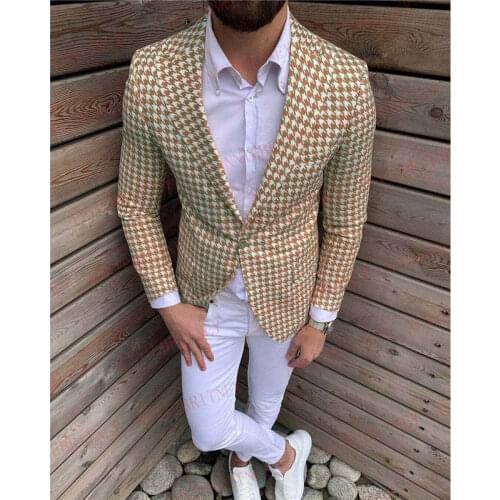 2020 Houndstooth Men Suit 2Pcs Set Tailored Slim fit Groom Tuxedo Blazer Plus Size Wedding Suits for Men Fashion Jacket Pants