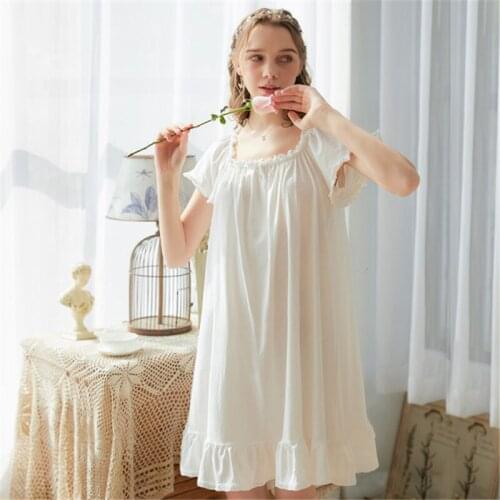 Nightdress cotton white Nightgown female summer palace style sweet loose loose large size pijama simple home service