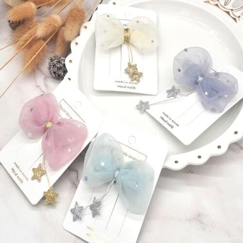 Pink South Korea New Childrens Hair Accessories Star Yarn Hanging Little Star Tassel Bow Hair Clip Girls Headdress