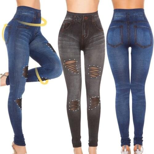 Sexy long pants Blue Hole Jeans Pancil Pants Womens Mid High Waist Stretch Denim Jeans Casual Stretch Skinny Trousers Jeans