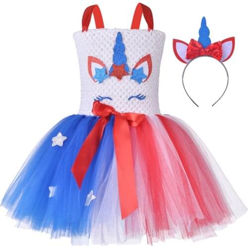 Girls Princess Unicorn Tutu Dress American Kids July Fourth Independence Day Carnival Outfits Stars Summer Dress Girl Clothing
