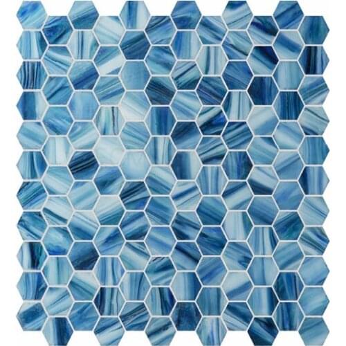 Mediterraneon style blue hexagonal glass mosaic tle for shower room bathroom living room decoration