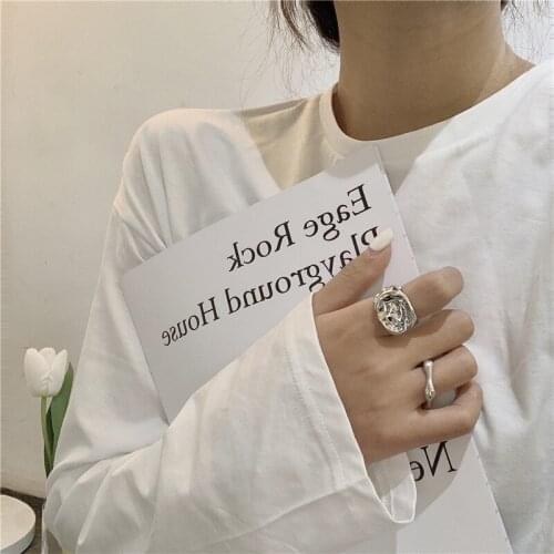 SRCOI Trendy Irregular Textured Geometric Simple Ring Silver Color Vintage Minimalist Bamboo Rings For Women Girl Jewelry Gift