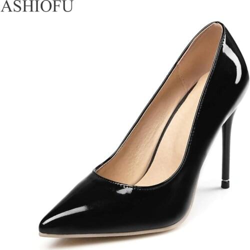ASHIOFU Ladies High Heel Pumps Patent Leather Party Office Dress Shoes Pointy Club Fashion Dress Evening Court Shoes
