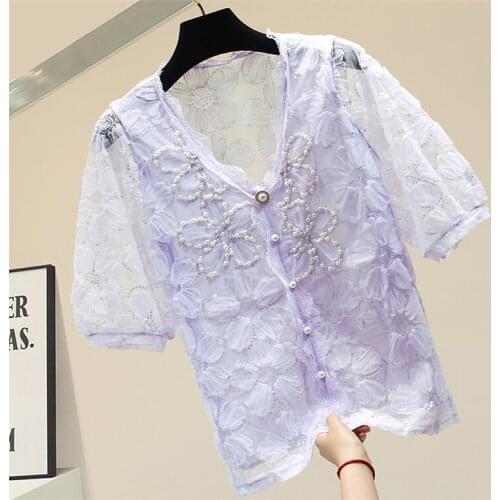 V-neck Lace Beaded Flower Loose-Fit Short-Sleeved Chiffon Shirt Blouse for Women Summer Lace Shirts Tops Girls Students Blouses