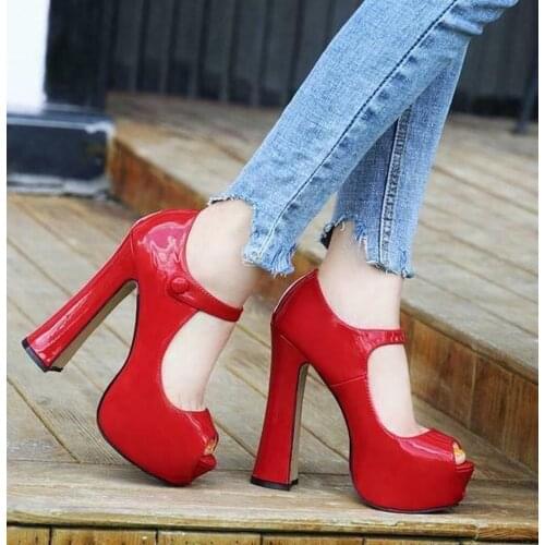 Plus Size Womens Platform Shoes Buckle Strap Sandals Block High Heel Pumps 14CM Peep Toe 5Colors 34-46 New 2021