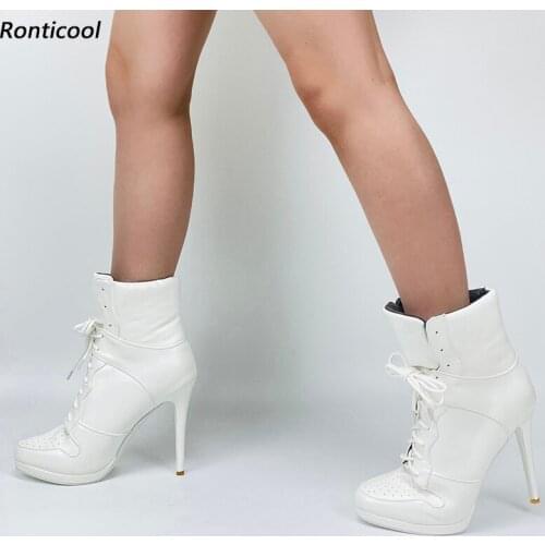 Ronticool Handmade Women Winter Platform Ankle Boots Stiletto Heels Round Toe Beautiful White Dress Shoes Plus US Size 5-20
