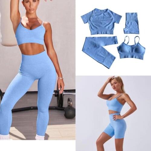 Women Seamless Yoga Set Workout Shirt Sports Bra Gym Short Top High Waist Leggings Workout Clothes Sportswear Suit