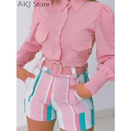 Two Piece Suit Sets Women Summer Workwear Casual Button Pockets Long Sleeve Shirt & Striped Print Shorts Set
