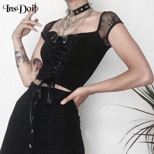 InsDoit Female Sexy Black Gothic Bandage Hollow Out T Shirt Harajuku Lace Patchwork Short Sleeve Top Vintage Elegant Lace Up Top