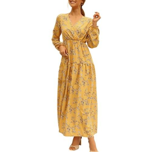 Women Loose Boho Long Dress Floral Printed V-neck Long Sleeve Elegant Robe Holiday Sundress Loose Summer Fall Dresses