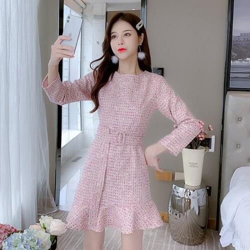 2021 New Autumn Winter Luxury Runway Tweed Woolen Dress Women Vintage Elegant Mermaid Dress With Belt