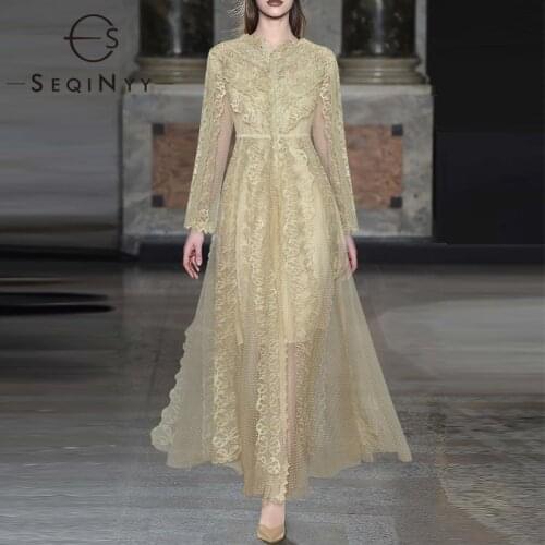 SEQINYY Elegant Party Dress Summer Spring New Fashion Design Flower Bow Embroidery High Quality Beige Runway