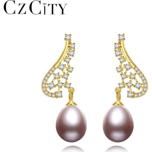 CZCITY Elegant Half Heart Natural Pearl Drop Earrings 925 Sterling Silver Fine Jewelry for Women Dating Birthday Gifts FE-0300