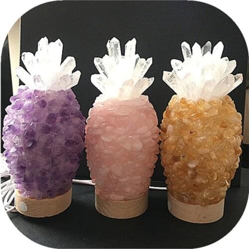 Crystal Pineapple Lamp Natural Wooden Base Healing Stones For Home Decoration