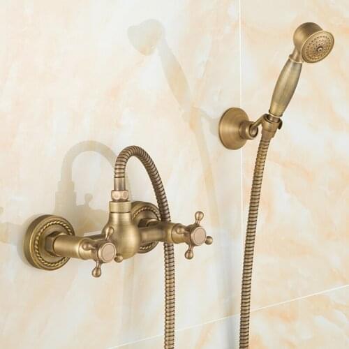 Antique Brushed Brass Bath Faucets Wall Mounted Bathroom Basin Mixer Tap Crane With Hand Shower Head Bath Shower Faucet