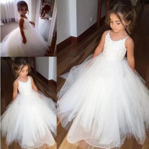 White First Communion Dresses for Girls O-neck Lace Appliques Flower Girl Dresses for Weddings Kids Clothes