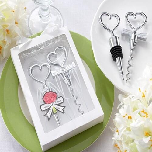 Free Shipping Wedding Groom & Bride Gift Bottle Opener Wine Stopper Set Heart Shaped Wine opener Bottle stopper combination