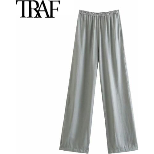 TRAF Women Fashion Side Pockets Cozy Straight Pants Vintage High Elastic Waist Streetwear Female Trousers Mujer