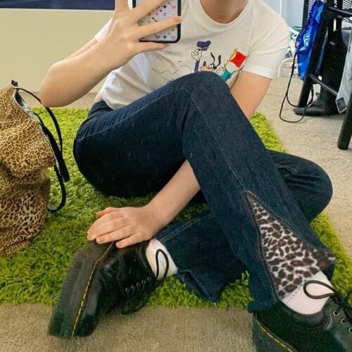 Egirl Vintage Patchwork Leopard Printing Slim Straight Jeans Y2K Fashion High Waist Long Pants Punk Style Demin Trousers