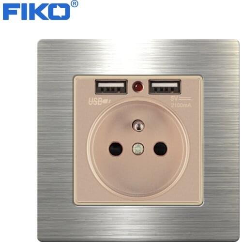 FIKO 16A france socket stainless steel panel with usb ，Household stainless steel panel 86mm*86mm With wall power socket