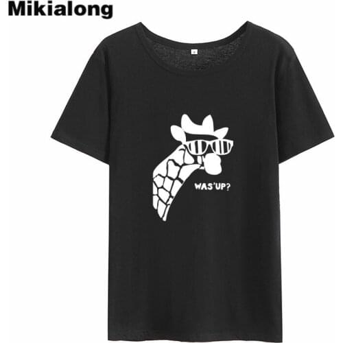 Mikialong Was' Up Cartoon Giraffe Print T Shirt Women 2018 Summer Short Sleeve Cotton Tee Shirt Femme Black White Women Tshirt
