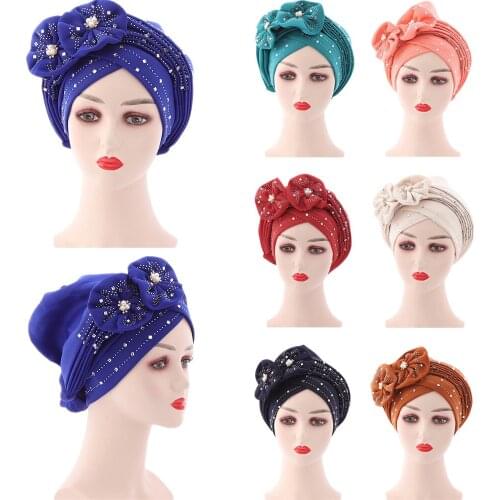 Newest 2pcs Elegant Turban Hats Women Cap Beaded For India Hat Scarfs Head Wrap Headband Girl Hair Accessories Lady Muslim Cap