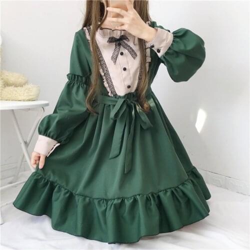 Japanese Girl Lolita Sweet Fairy Dress Long Lantern Sleeve Ruffled Bow Tie Lace Mini Cos Dress A Line Kawai Maid Party Dress