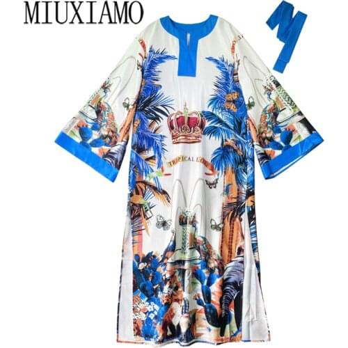 MIUXIMAO 2021 Bohemian Plus Size Dress O-neck Sleeve Maxi Dress Women Silk Floor Length Flower Tree Beach Kaftan Dress Belt