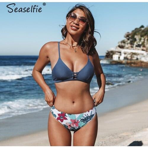 SEASELFIE Navy and Floral Strappy Bikini Sets Women Sexy Tank Top Two Pieces Swimsuits 2021 Girls Swimming Suits Biquini