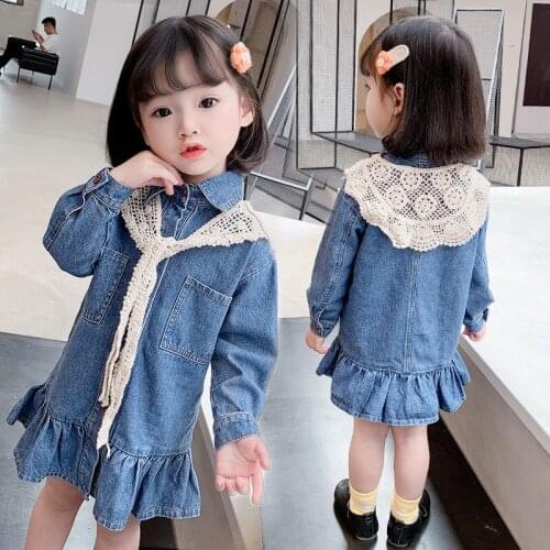 New Fashion Autumn Girls Denim Dress with Lace Shawl Spring Baby Girls Long Sleeve Jeans Clothes Children Casual Outfits