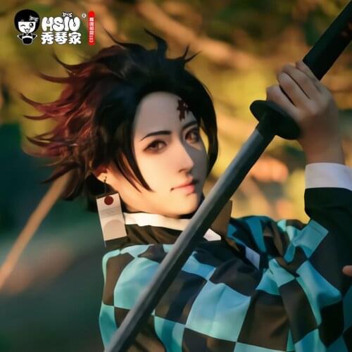 HSIU Kamado Tanjirou Anime Cosplay Wig Demon Slayer: Kimetsu no Yaiba Kimono Uniforms Cloak Halloween Synthetic Hair wig
