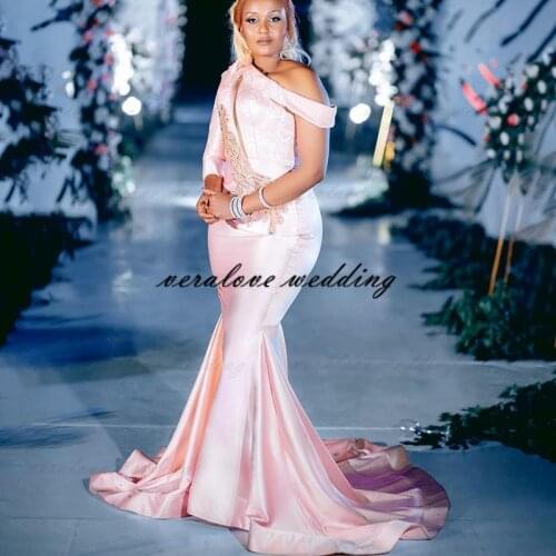 Pink One Shoulder Long Sleeves 2021 Arabic Aso Ebi Mermaid Prom Dress Formal Party Second Reception Gows Girl Party Wear