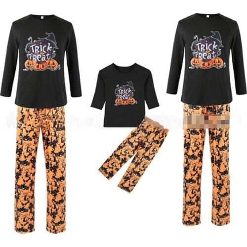Family Matching Clothes Pajamas Halloween Cartoon Pattern Round Neck Long Sleeve Tops and Pants Festive Outfits Clothing Suit