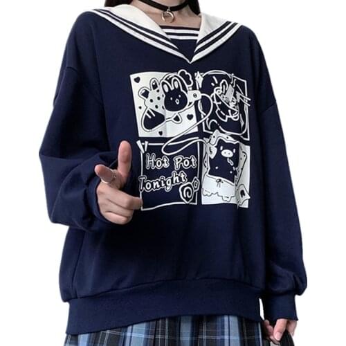 Spring Fall Harajuku Sweet Women Preppy Hoodie Lolita Kawaii Pig Rabbit Graphic Sweatshirt Teen Girls Sailor Collar Pullover Top