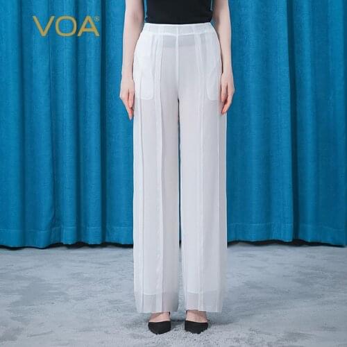 VOA Silk Georgette Tea White Natural Waist Three-dimensional Decorative Insert Bag Hidden Side Pull Simple Leggings Pants KE393
