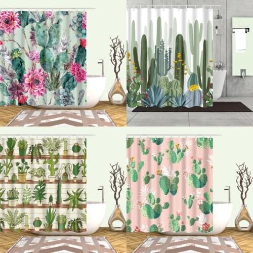 Plants Green Leaves Cactus Flower Shower Curtains Tropical Plant Scenery Pattern Bathroom Waterproof Decor Cloth Curtain Sets