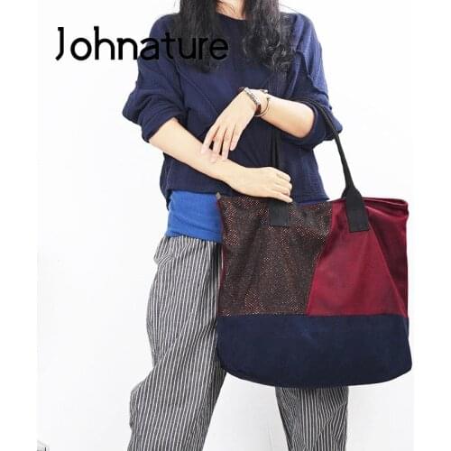 Johnature Leisure Large Capacity Women Tote Bag 2021 New Splicing Flannel Fashion Shoulder Bags Versatile Soft Shopping Bags