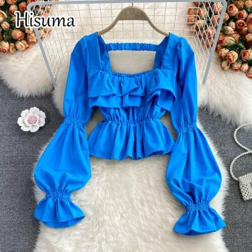 2021 autumn new female square collar lantern sleeve ruffles chiffon shirts women pure color elegant waist blouses chic shirt