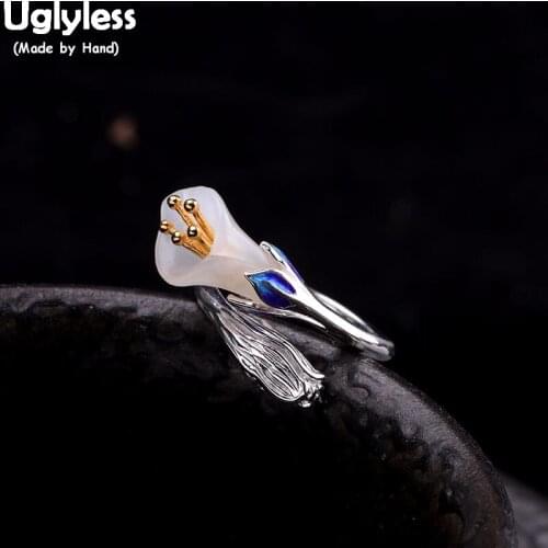Uglyless Real Natural Jade Calla lily Rings for Women Elegant Party Dress Open Rings Solid 925 Silver Floral Fine Jewelry R960
