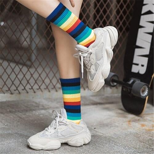 New net red rainbow stripes female Korean version of the college wind rainbow crew tide street hip hop skateboard women socks