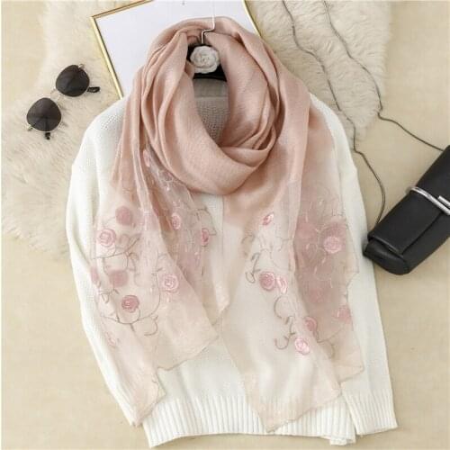 2021 Real Silk and Wool Women Scarf Floral Embroidery Lady Headband Scarves Pashmina Shawl Wraps Bandana Hijab Big Size Beach