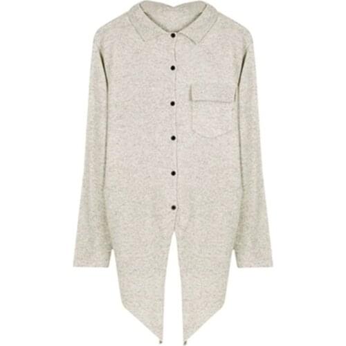 100%hand made wool knit women turn-down collar irregular hem single breasted cardigan sweater light grey color M