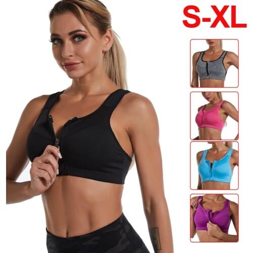 Women Sports Bra Crop Top Zip Front Push Up Underwear Wire Free Detachable Pads Athletic Vest Workout Running Fitness Bra