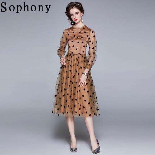 Sophony Runway Lace Midi Dress Womens Stand Collar Long Sleeve Heart Print Elegant Mesh Patchwork Spring Autumn Dress