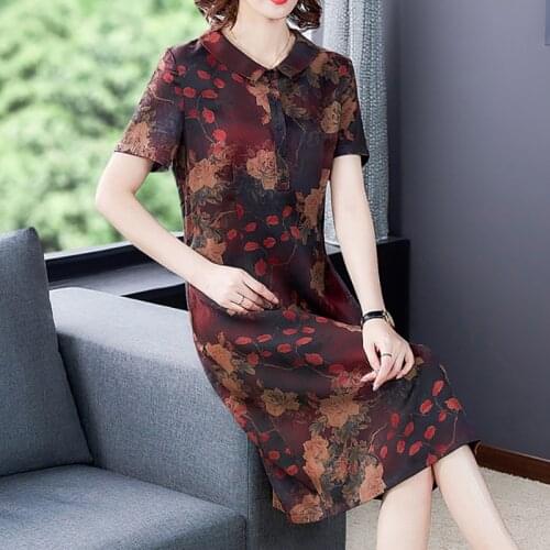 Vintage Casual Print Real Silk Short Sleeve Dress 2021 Summer Floral 4XL Plus Size Sundress Women Elegant Bodycon Party Vestidos