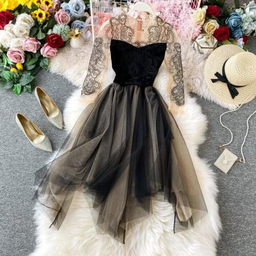 Banquet dress dress new style in spring 2020 FAIRY DRESS yarn dress sexy off shoulder black lace mesh dress