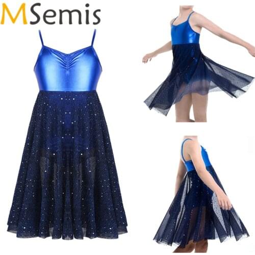 Kids Girls Ballet Dress Gymnastics Leotard Glossy Spaghetti Straps Shiny Sequins Mesh Ballet lyrical Dance Latin Dance Dress Kid